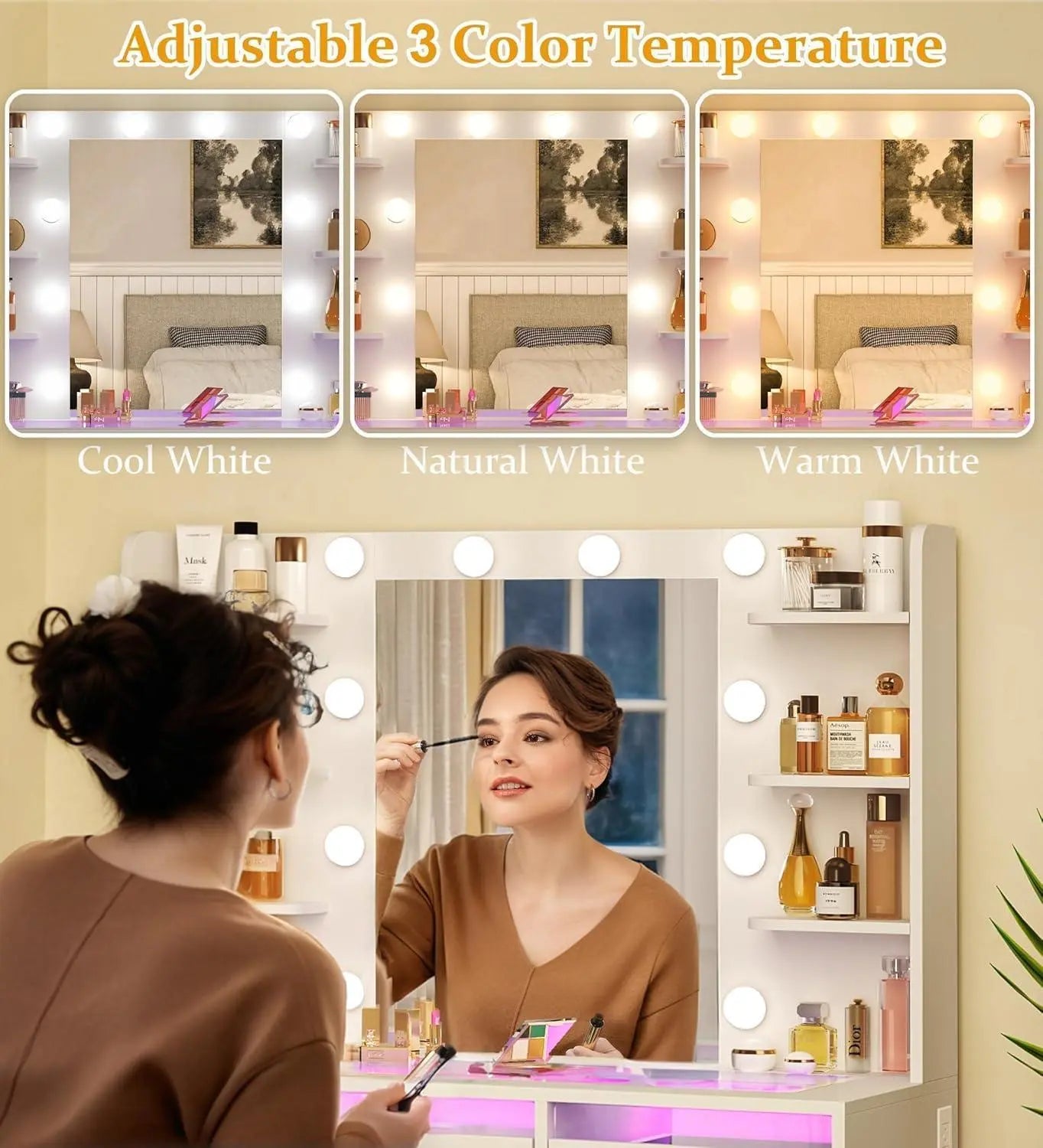 RGB Vanity Table with Mirror, Drawers & Charging Port - VanityZone