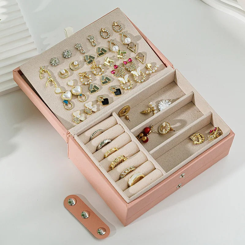 Single Layer Travel Jewelry Box for Women – PU Leather Organizer in Black, White, or Pink