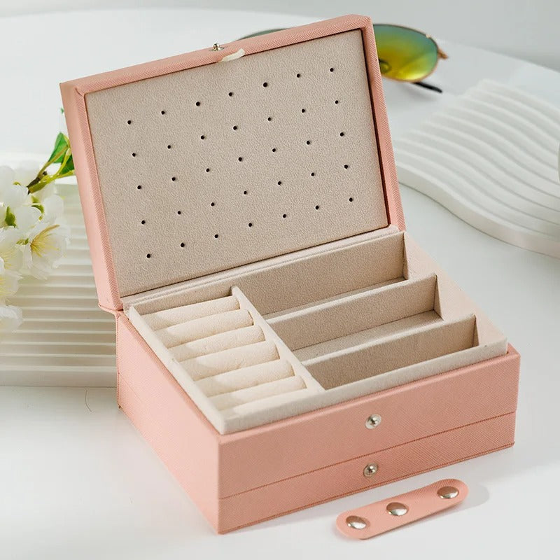 Single Layer Travel Jewelry Box for Women – PU Leather Organizer in Black, White, or Pink