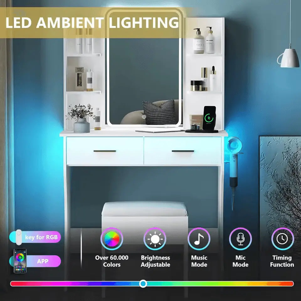 Modern LED Vanity Table with Mirror and Storage Drawers - VanityZone