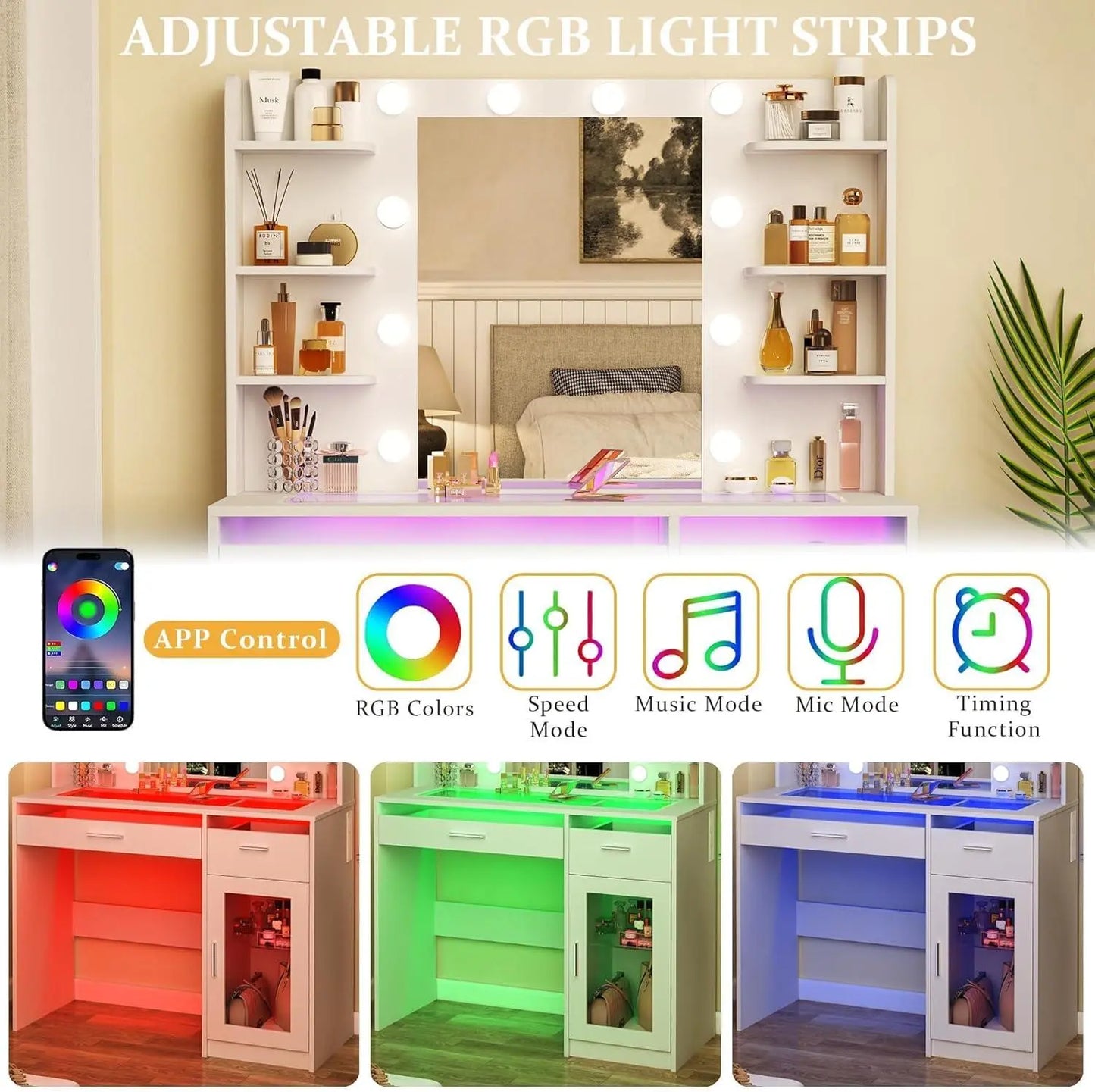 RGB Vanity Table with Mirror, Drawers & Charging Port - VanityZone