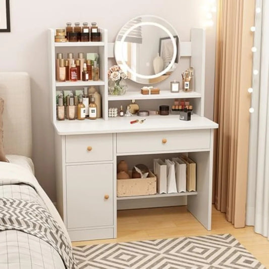 Modern Vanity Desk with Mirror & LED Lights – 3 Modes | Makeup Table with Drawers & Storage Shelves