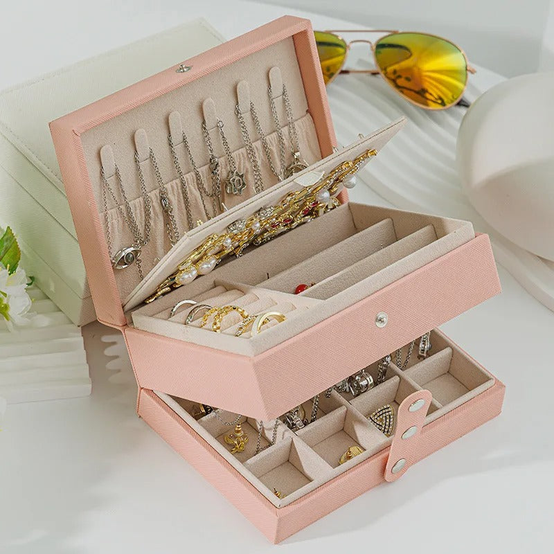 Single Layer Travel Jewelry Box for Women – PU Leather Organizer in Black, White, or Pink