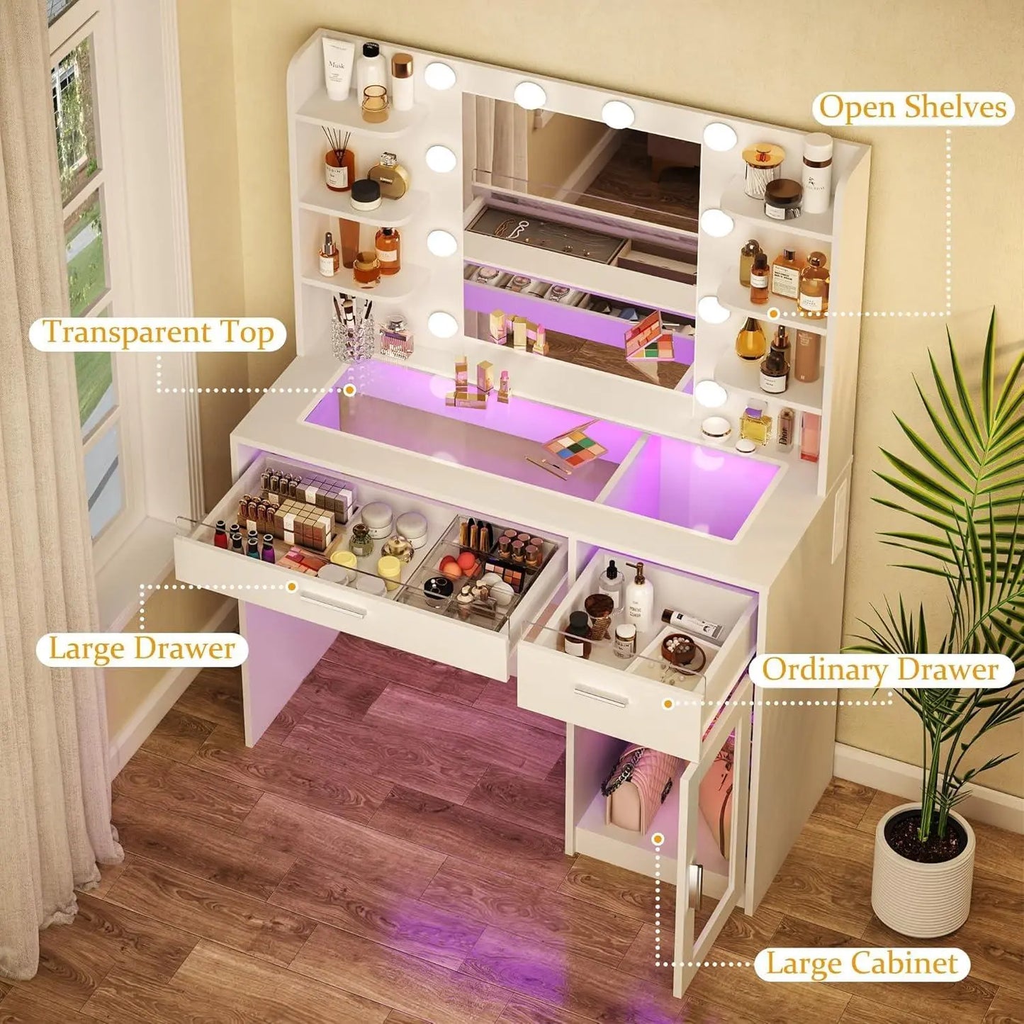 RGB Vanity Table with Mirror, Drawers & Charging Port - VanityZone